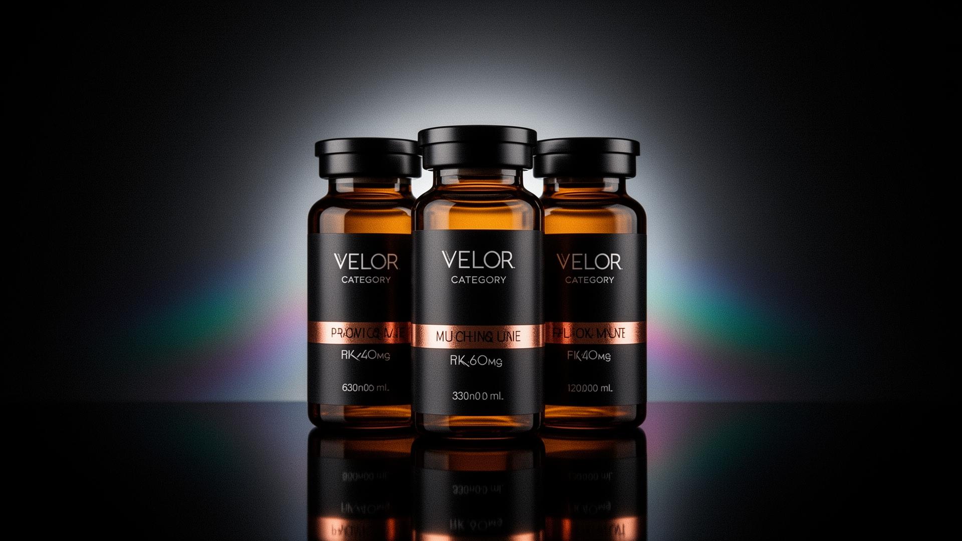 Three VELOR research vials arranged in a luxury studio composition on a black background